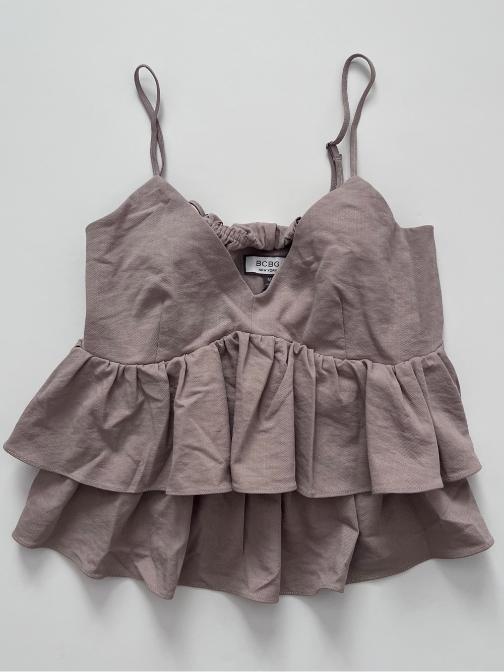 BCBG Taupe Ruffle Peplum Camisole Top Blouse size Medium